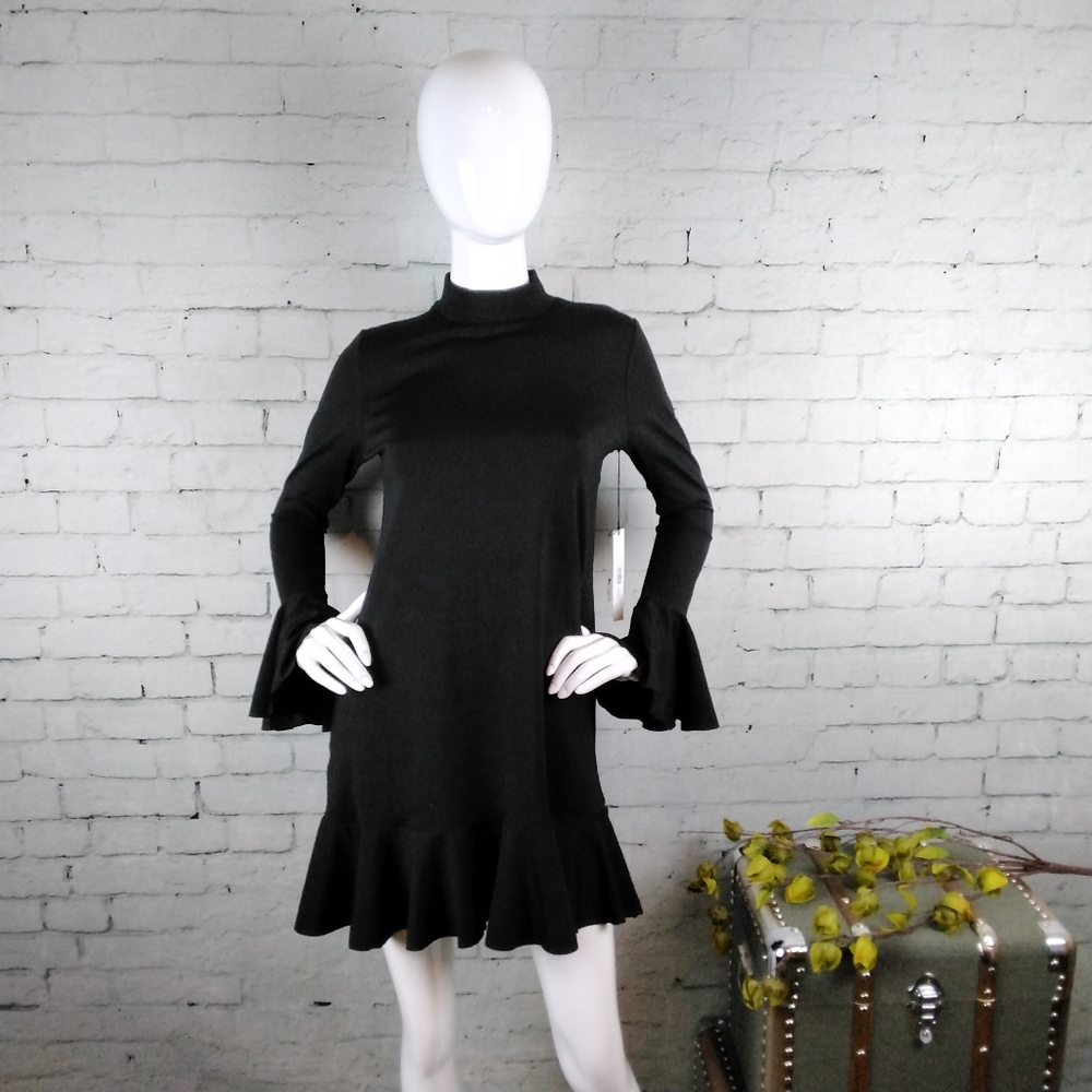 Susana Monaco Mock Neck Ruffled Shift Dress Black